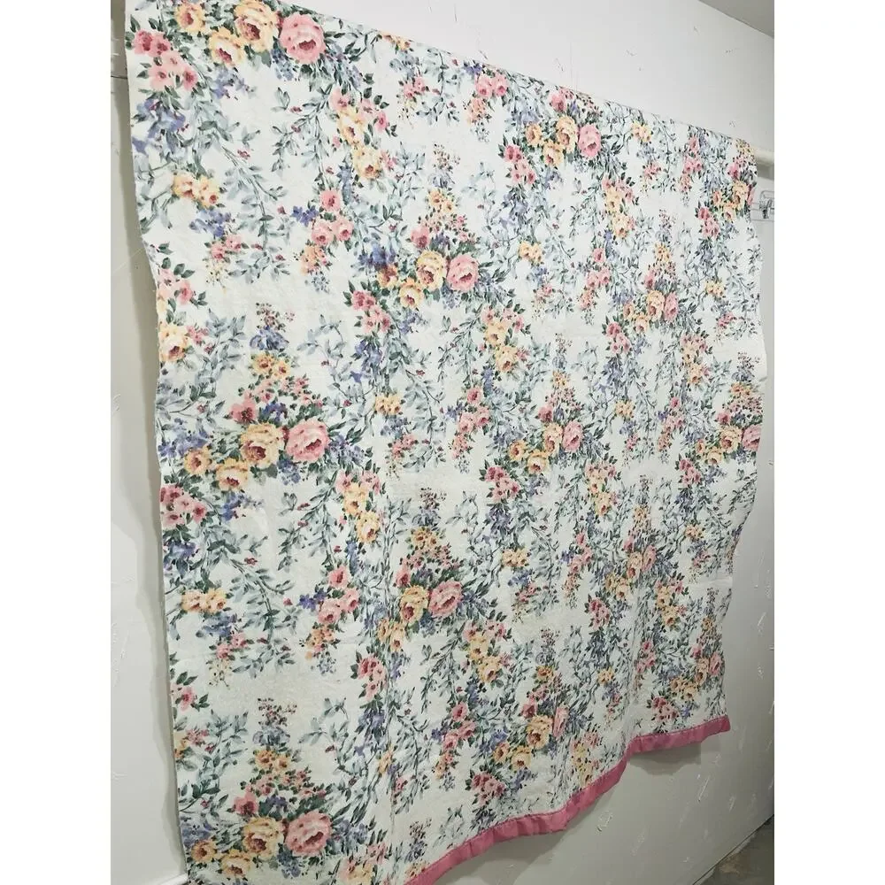 Vintage Blanket WPL1675 Floral Flowers Pink Twin Acrylic Nylon Edge Fleece USA
